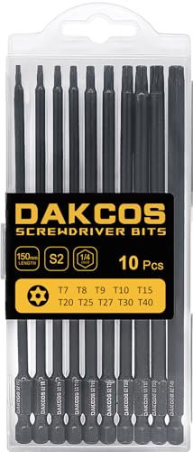 DAKCOS Lot de 10 Tournevis Torx Long Embouts Torx inviolables en alliage d'acier S2 pour tournevis et visseuse électrique, 150 mm T7, T8, T9, T10, T15, T20, T25, T27, T30, T40