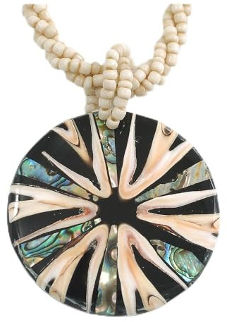 Avalaya Rund snäcka hänge antik vit glaspärla tvinnat rep halsband i svart/kräm/havsöra-färger – 44 cm L/50 mm diameter, En storlek, snäckskal