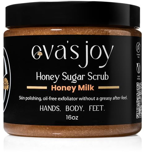 Eva’s Joy Honey Milk Sugar Scrub, Hydrating & Exfoliating, Moisturizing & Skin-Smoothing, Reduces Rough Patches, Gentle Body Scrub, 16 oz
