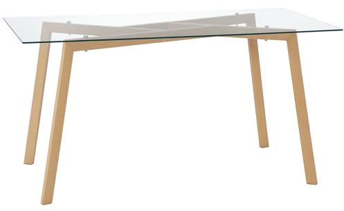 HOMCOM Mesa de Comedor para 6 Personas Mesa de Cocina Moderna con Tablero de Vidrio Templado y Patas de Acero con Efecto Madera para Salón 150x75x76 cm Transparente