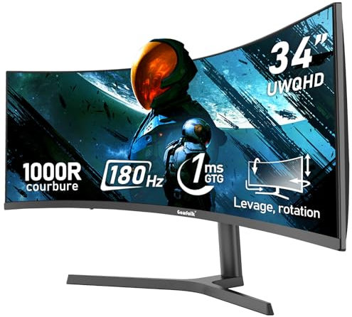 Gawfolk Écran PC Ultra Large 34 Pouces 1000R incurvé 180Hz Gaming Computer Moniteur 21:9 UWQHD (3440x1440),1ms,100% sRGB,Adaptive Sync,Display Port、HDMI,Fonction de Levage,Compatible avec Mural -Noir