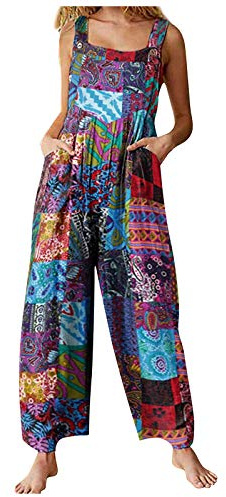 Nicoxijia Combinaison d'été à double poche pour femme Patchwork Jambe large bretelles Combinaison sans manches Floral Bohème Pantalon, bleu, L