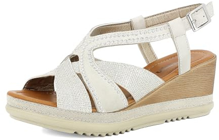 Sandali Donna Zeppa con Cinturino Regolabile e Brillantini, Plantare in Ecopelle Imbottito, Zeppa 6,5cm