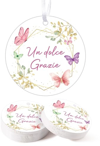 BOFUNX 100pcs 4,5cm Etichette Grazie Bomboniere Matrimonio Etichette Regalo Tag Cartellino con Nastro per Bomboniere Nozze Battesimo Compleanno Artigianato Fai da Te