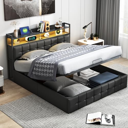 Vadderad dubbelsäng, 160 x 200 cm, förvaringsutrymme, sänggavel med LED- och USB-laddningsfunktion, vadderad säng, modern med förvaringsutrymme, ribbotten i trä, utan madrass, svart