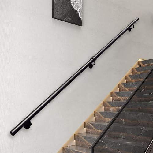 Renmlion Rampe d'escalier pour intérieur et extérieur Barre d'appui｜300cm/3.6m/4m/5.4m Tube Rond en Fer forgé Noir, Barre d'appui de sécurité pour Couloir décoration(200cm)