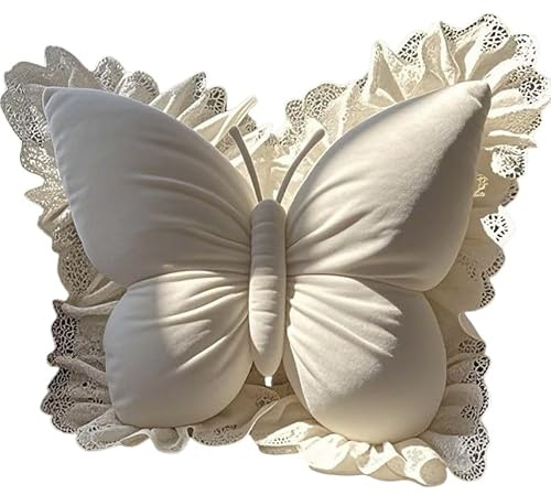 JJIAGOLD Cuscino decorativo a forma di farfalla con bordo in pizzo 3D in peluche per divano, camera da letto, ufficio, auto, morbido cuscino decorativo per soggiorno (bianco)