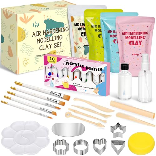 Naxup Kit Arcilla de Secado al Aire para Principiantes,36pcs Kit de cerámica, Arcilla de Secado al Aire 2kg, Herramientas, Pinturas, Pinceles, Base Blanca, DIY Creativo para Pintar cerámic