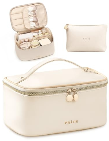 Prite Trousse de Maquillage Femme avec Support à Pinceaux, Beige, 2Pcs Set