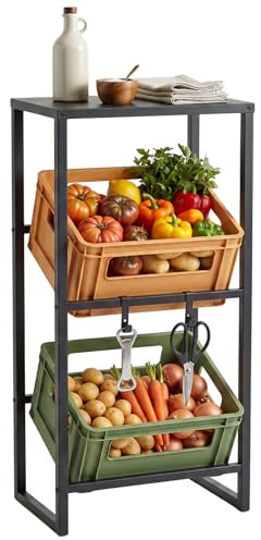 TANGZON 3 Tier Drink Crate Rack, Heavy Duty Metal Bottle Crate Storage Rack with Top Shelf, 2 Hooks & 3 Adjustable Tilts, Floor Standing Drinks Crates Holder for Beer Soda Kitchen Bar (47x32x102cm)