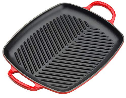 Le Creuset Signature Flache rechteckige Grillplatte aus Gusseisen mit Hilfsgriff, für alle Herdarten und Backöfen, 30 cm, Kirschrot, 20201300600422