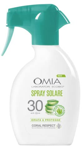 Omia, Spray Solare Protettivo SPF30 Viso e Corpo con Aloe Vera del Salento, Protezione Solare Alta, Per Pelli Chiare e Sensibili al Sole, Dermatologicamente Testato, Flacone da 200 ml