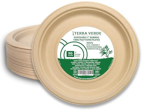 Disposable Bamboo Fibre Paper Plates l 7 inch (18cm) Round 50 Pack l Unbleached Natural Brown l 100% Compostable Eco Friendly Extra Strong Plate for Parties, Picnics, BBQ, Weddings
