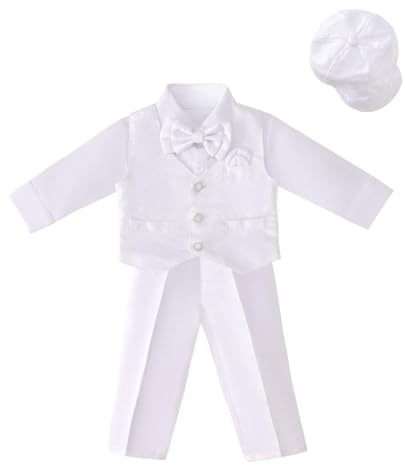 Lito Angels Vetement Tenue Bapteme Costume Blanc avec Bonnet pour Bebe Garcon, Taille 12-18 Mois (étiquette en Tissu 0L)