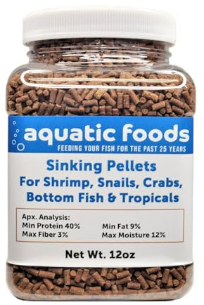 Aquatic Foods Inc. Shrimp Pellets, 40% Protein Sinking Pellets, 1/16 x 3/8 for Shrimp, Snails, Crabs, Catfish, Plecos - 12oz Jar