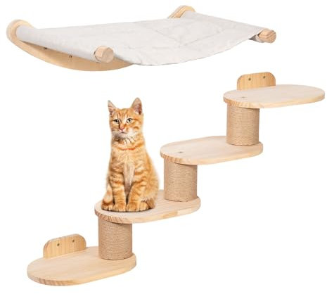 Todeco Kletterwand Katzen Wandmontage inkl. Katzentreppe & Katzenhängematte, Vierstufige Katzenkletterwand mit Jute-Kratzen für Katzen & Rutschfester Matte, 2 in 1 katzenleiter Katzenmöbel