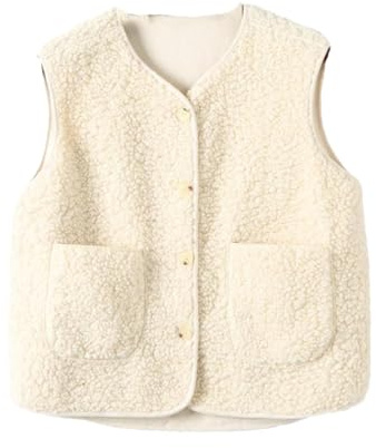Automne Hiver Laine Peau de Mouton Veste Sans Manches Femmes Épais Gilet Lâche Peluche Faux Cuir Gilets Polaire Manteau, blanc, S