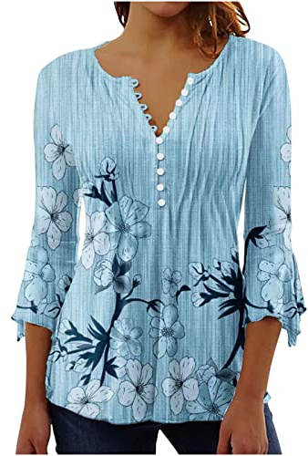 NZYIHAO Chemisier pour femme - Manches 3/4 - Col en V - Manches longues - Avec boutonnière - Élégant - Imprimé floral - Tunique d'été - Tunique longue - Pull léger - Décontracté - Confortable - Pull