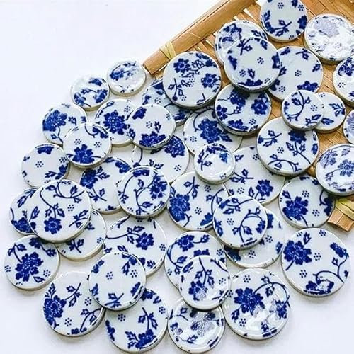 Piastrelle in ceramica irregolari da 400 g/14,11 once, porcellana mista, artigianato, 5,5 mm, motivo in marmo, decorazione fai da te con frammenti di pietra-rotondo bianco e blu-400 g 14,11 once
