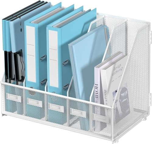 SUPTIDY Organiseur de bureau métallique avec 5 compartiments verticaux, support pour magazines pour bureau, home office et lieu de travail, Blanc