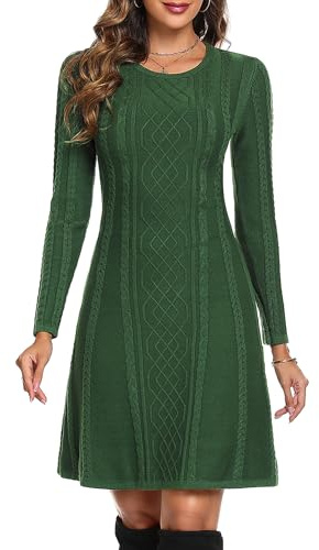 Aottori Winter Jumper Dress for Women UK Knitted Sweater Dress Ladies Round Neck A-Line Tunic Dresses Dark Green XL