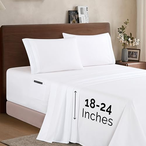Elegant Comfort Luxury 1500 Premium Hotel Quality Microfiber 4-Piece Sheet Set - Soft, All Around Elastic 18-24 Inches Deep Fitted Sheet - Extra Deep Pocket Sheets, California King, White