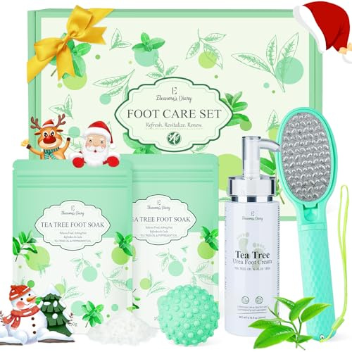 Kit de Bain de Pieds à l'Arbre à Thé, Eleanore's Diary Coffret Pedicure 4 Pièces - Sels, Crème à l'Urée, Lime à Pieds et Balle de Massage, Adapté aux Pieds Secs et Gercés, Idée Cadeau pour Noël