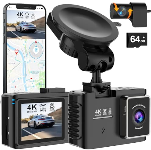 Dashcam auto anteriore posteriore 4K/2.5K, dash cam WiFi 5GHz con GPS, IPS da 2,0, grandangolo da 170°, Sorveglianza del parcheggio 24 ore su 24,WDR,sensore G,registrazione in loop,scheda SD da 64 GB