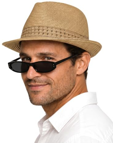 Zylioo 2XL XL L Cappello Fedora di Paglia, Cappello Cubano a Tesa Corta per Testa Grande, Cappello Trilby Estivo Impacchettabile per Viaggi al Mare, XL/XXL