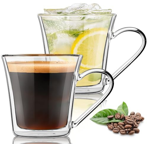 Joeyan 360ml Vasos Doble Pared de Cafe Borosilicato con Asa,Juego de 2 | Tazas Cristal para Latte Macchiato, Casa Oficina Mug para Vino Caliente,Hielo,Té,Cerveza,Leche,Zumo,Cappuccino
