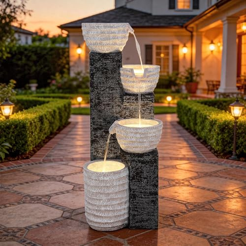 Ultym 40 H Outdoor Water Fountain with LED Lights & Pump, Multilayer Cascading Polyresin Fountain, Sand-Textured Freestanding Garden Fountain for Tranquil Garden, Patio or Porch