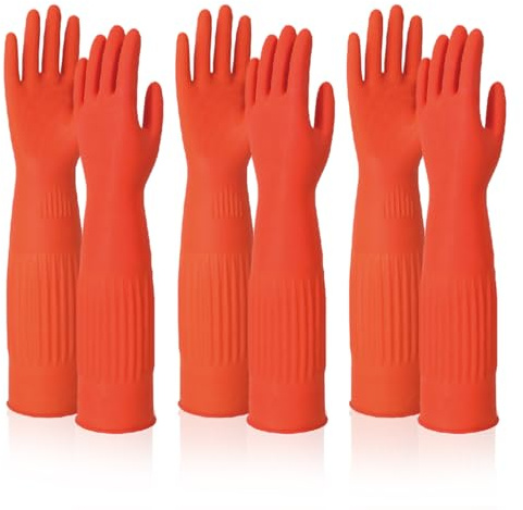 Veesper Guantes para lavar 3 pares de guantes de limpieza de látex antideslizantes de 15 pulgadas de largo hasta el codo Protector elástico agradable para la piel para limpiar el hogar, la cocina, ba