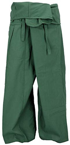 GURU SHOP Thai Fischerhose aus Baumwolle, Loose fit Wickelhose, Weite Yogahose - Olive, Herren/Damen