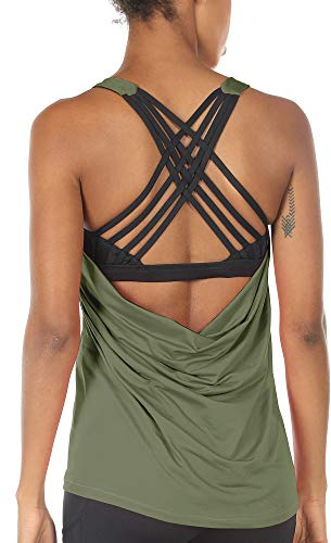 icyzone Yoga Tops Workouts Clothes Activewear Built in Bra Tank Tops for Women (L, Olive)