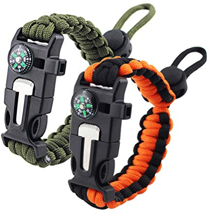 ZHIYE Pulsera de supervivencia Paracord Pedernal Arrancador de fuego Raspador Brújula Silbato de Supervivencia Ajustable Pulsera 2Pack Verde Army&BlackOrange…
