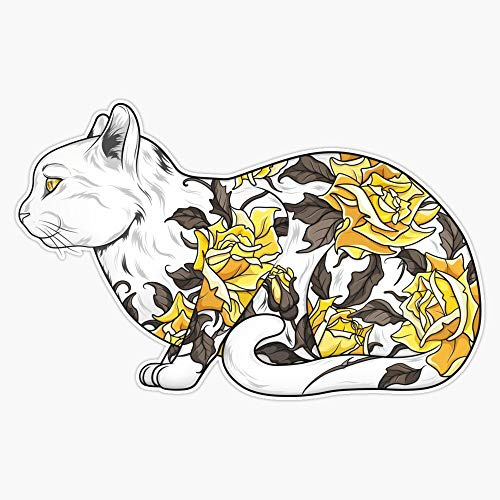 Cat in Yellow Roses Tattoo Sticker Outdoor Rated Vinyl Sticker Decal for Windows, Bumpers, Laptops or Crafts 5