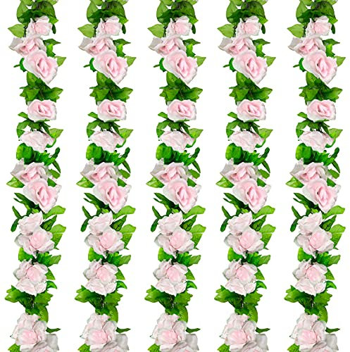 Huryfox Artificial Flowers Garlands - 5 Strand 230cm Long Artificial Flower Vines for Decorations, Faux Pink Rose Floral Arch with Realistic Design for Home, Garden, Indoor/Outdoor Weddings, Parties