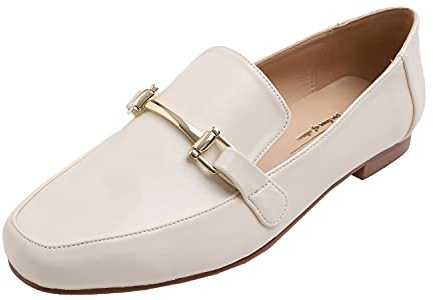 FEVERSOLE Women's Fashion Trim Deco Loafer Slippers Beige Plain PU Size 7.5 M US