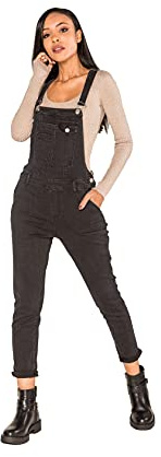 Nina Carter Salopette en Jean pour Femme Boyfriend Look Usé Jumpsuit Denim Combinaison d'été, Noir (S512-1), M