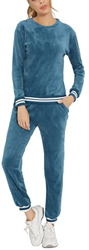 Enjoyoself dam Nicki hemmadräkt sammetslen mjuk 2 delar velour fritidsoverall med paljetter manschetter rund hals långärmad tröja + resår byxor med ficka, A- Blå, L