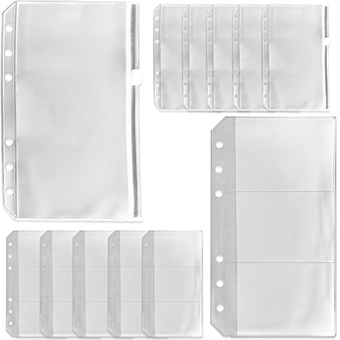 Lot de 12 pochettes de format A6, poche à fermeture éclair, sac de rangement à 3 poches, deux types, dossiers transparents à 6 trous, Pochettes Classeur En Plastique, A6 Pochettes Perforées