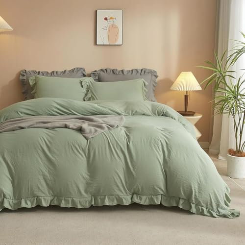 AShanlan Bettwäsche Rüschen 200x200 Salbeigrün Uni Einfarbig Romantisch Rüschenbettwäsche Set 3 Teilig Microfaser Grün Deckenbezug mit Kissenbezug 80x80 cm Reißverschluss