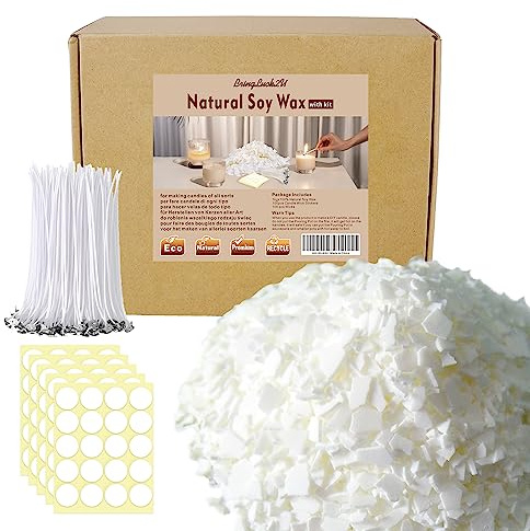 JEMESI Cera di soia per candele 1 kg + 100 stoppini + 5 fogli adesivi. cera naturale di alta qualità, cera di soia per la produzione di candele