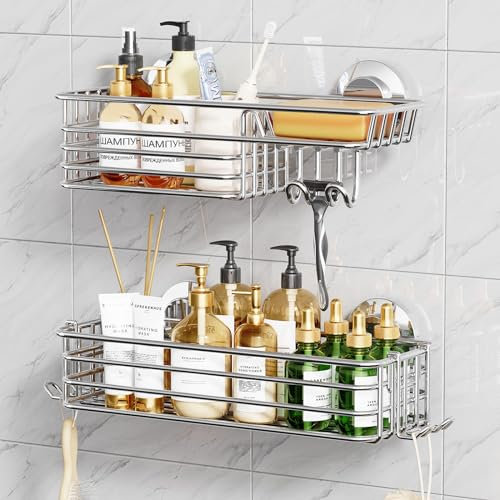 TAILI Lot de 2 étagères de douche à ventouse avec crochets et porte-savon - Organiseur de douche robuste pour salle de bain - Sans perçage - Accessoires de salle de bain - Argenté