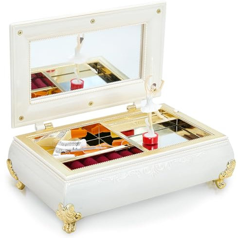 WSAMJIN Ballerina Music Box With Mirror, Elegant Musical Jewelry Box Ballet Dancing Girl Music Box with Melody Trinkets Jewelry Storage Case for Girls Women Home Decoration Gifts (Pearly White)