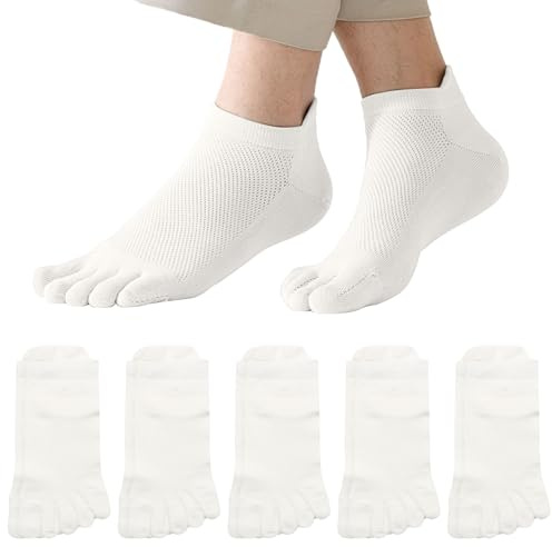 Soleeya 5 Pares Calcetines 5 Dedos de Deporte Tobilleros Hombre 39-43, Transpirables Calcetines Cortos con Dedos Algodon Hombre para Running (Blanco)