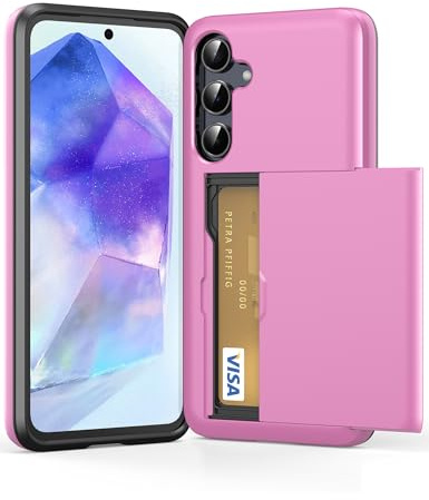 ACOCOBUY for Samsung Galaxy A55 Case with Card Holder Sliding Cover Hidden Pocket IDs Credit Cards Slot Heavy Duty Shockproof Protective Dual Layer Wallet Phone Cover Back Shell Men Women 6.6inch pink
