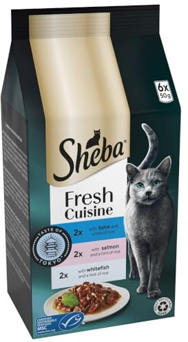 SHEBA Fresh Cuisine Taste of Tokyo Cat Pouches with Salmon and Tuna in Gravy 8x 6x50 g – Gourmet Wet Cat Food with Tuna and Salmon