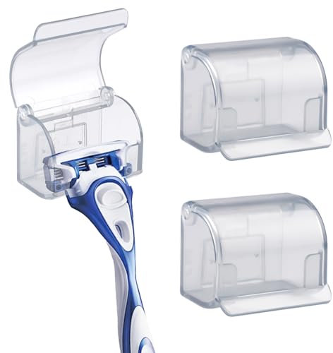 2 Pezzi Supporto per Rasoio con Coperchio (5x3,5 Cm), Autoadesivo Porta Rasoio Doccia, Antipolvere e Impermeabile Porta Rasoio, Ganci Parete per Porta Rasoio Senza Forare per Bagno, Doccia, Vanità