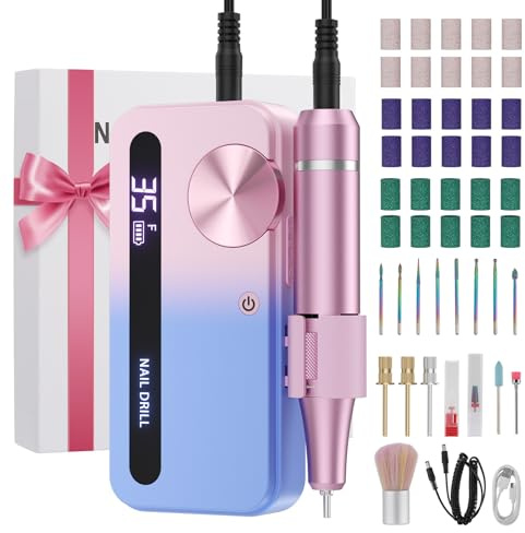 Trsaow Fresa elettrica per Unghie con 15 Testine Lucidanti e 30 Nastri Abrasivi per Manicure e Pedicure per Accorciare, Limare, Modellare e Curare Unghie e Cuticole, 0-35,000RPM Velocità Regolabil